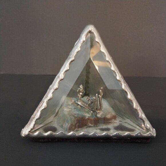 Beveled Glass And Pewter Pyramid Shaped Diorama Gold Miner Cactus Mule Burro - Picture 6 of 8